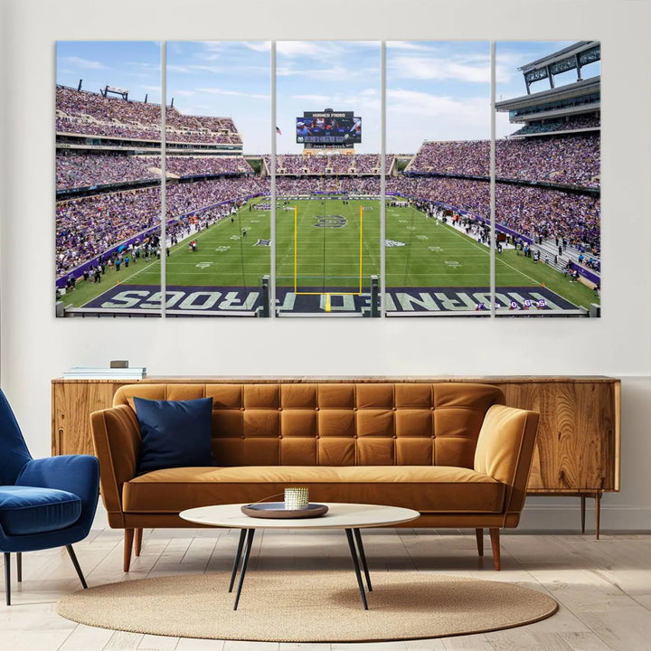 The living room showcases a triptych canvas artwork titled "TCU Horned Frogs Football Team Print - Fort Worth Amon G. Carter Stadium Wall Art Canvas Print," depicting a bustling football stadium and field under a clear blue sky in a gallery-quality finish.