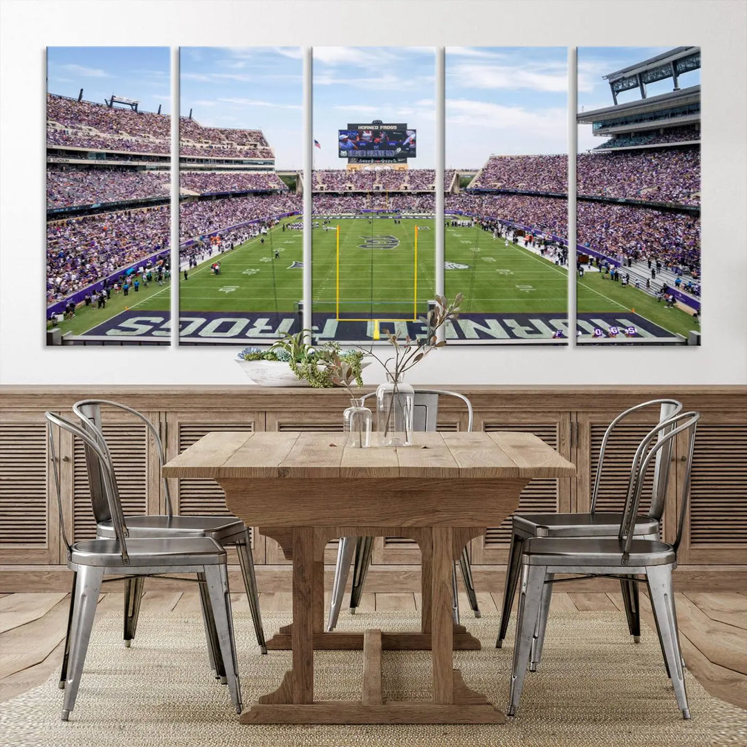 The living room showcases a triptych canvas artwork titled "TCU Horned Frogs Football Team Print - Fort Worth Amon G. Carter Stadium Wall Art Canvas Print," depicting a bustling football stadium and field under a clear blue sky in a gallery-quality finish.