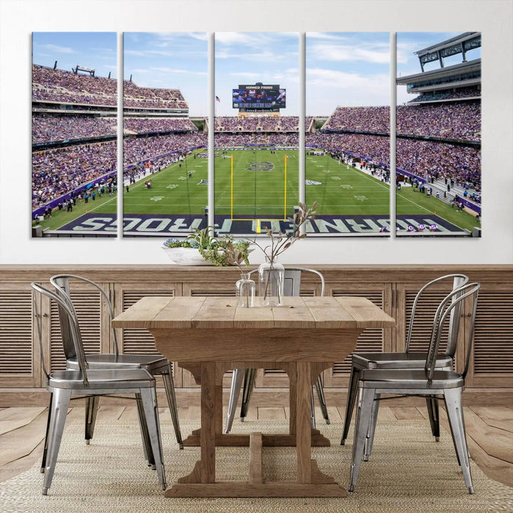 The living room showcases a triptych canvas artwork titled "TCU Horned Frogs Football Team Print - Fort Worth Amon G. Carter Stadium Wall Art Canvas Print," depicting a bustling football stadium and field under a clear blue sky in a gallery-quality finish.