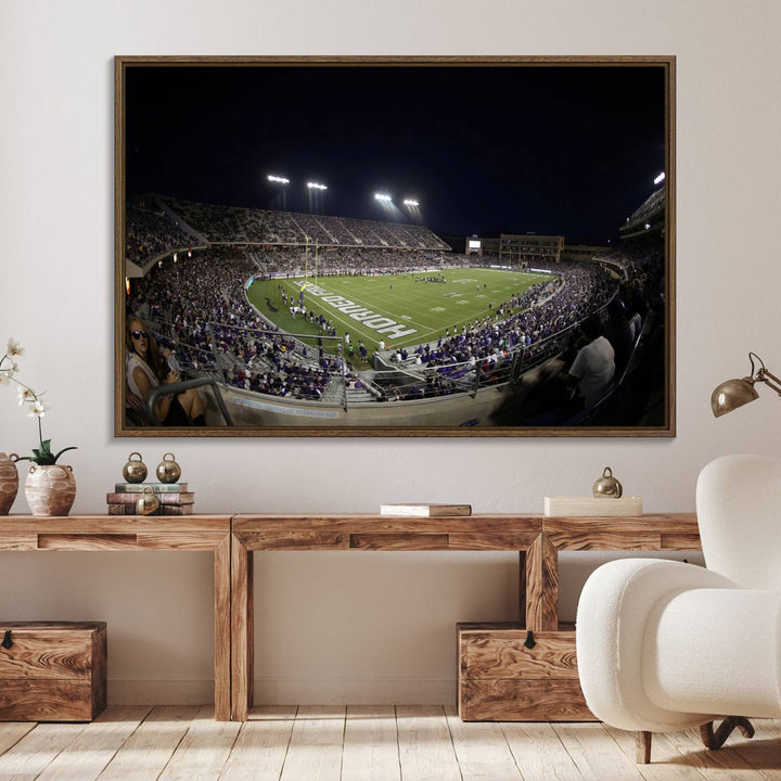 59222-MGV-FC-36X24_Walnut-TCU Horned Frogs Football Team Print - Fort Worth Amon G. Carter Stadium Wall Art Canvas Print.