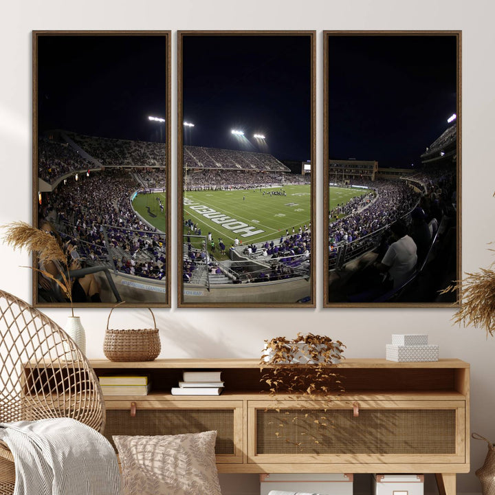 59222-MGV-FC-48X32-3P_Walnut-TCU Horned Frogs Football Team Print - Fort Worth Amon G. Carter Stadium Wall Art Canvas Print.