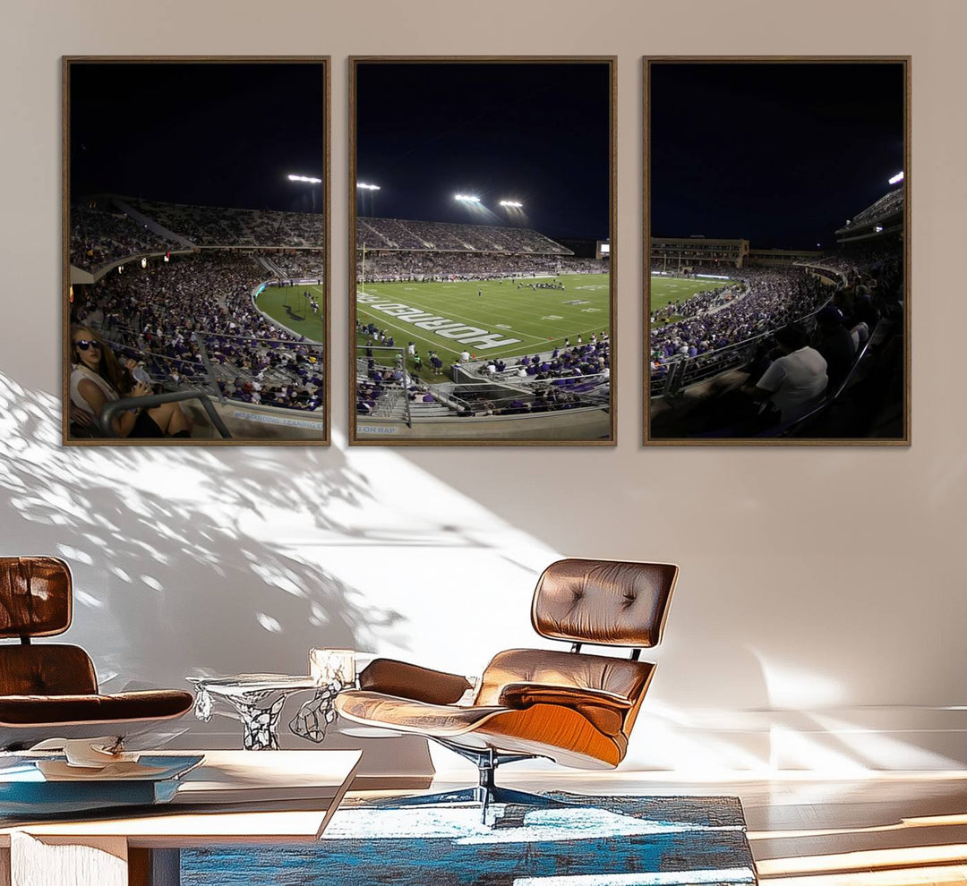 59222-MGV-FC-60X30-3P_Walnut-TCU Horned Frogs Football Team Print - Fort Worth Amon G. Carter Stadium Wall Art Canvas Print.