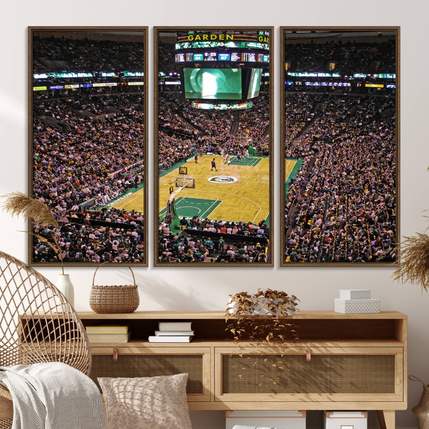 21705-MGV-FC-48X32-3P_Walnut-TD Garden Basketball Canvas Wall Art - Boston Celtics Live Action - Framed - Ready to Hang