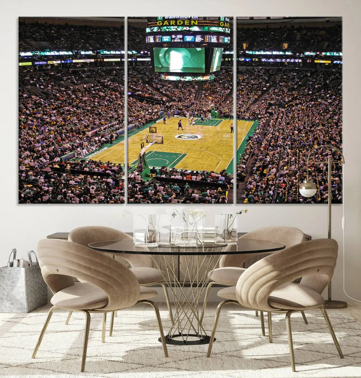 A living room showcases a stylish TD Garden Basketball Game Triple Canvas Wall Art featuring the Boston Celtics.