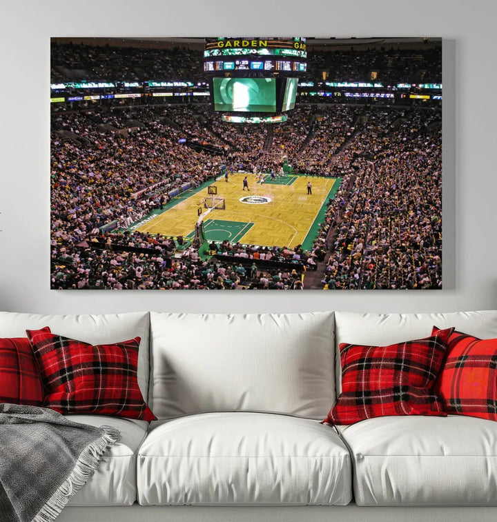 A living room showcases a stylish TD Garden Basketball Game Triple Canvas Wall Art featuring the Boston Celtics.