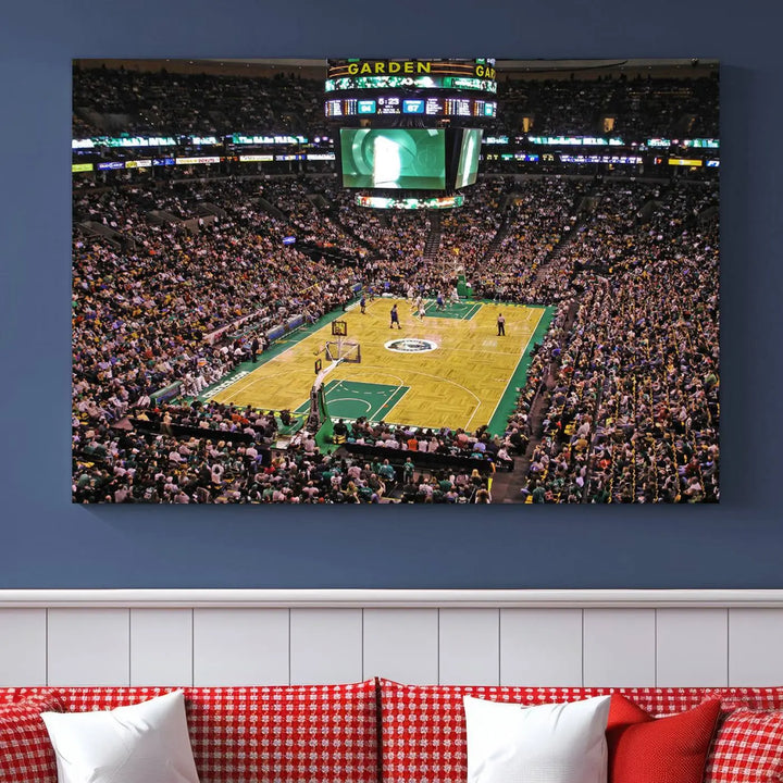 A living room showcases a stylish TD Garden Basketball Game Triple Canvas Wall Art featuring the Boston Celtics.