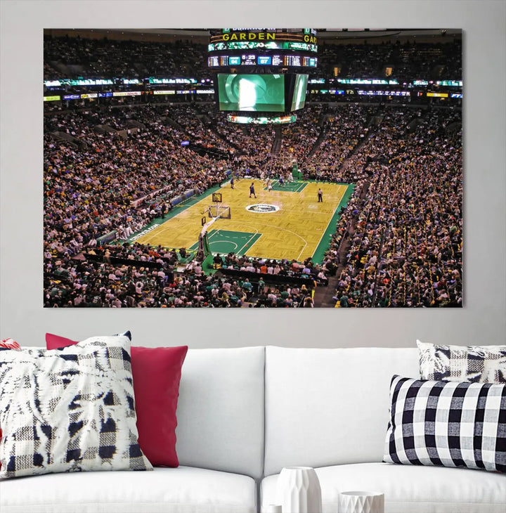 A living room showcases a stylish TD Garden Basketball Game Triple Canvas Wall Art featuring the Boston Celtics.