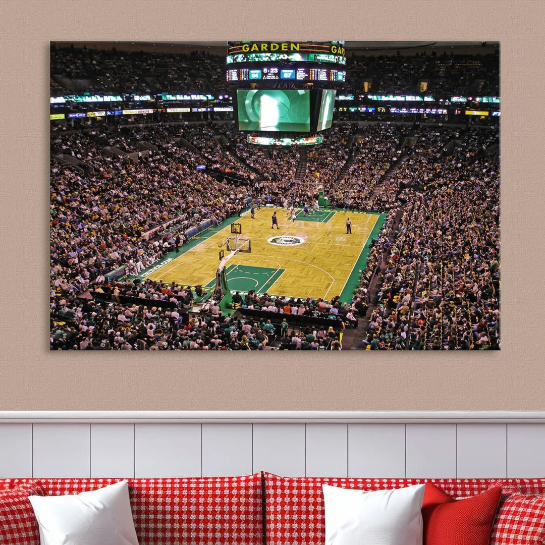 A living room showcases a stylish TD Garden Basketball Game Triple Canvas Wall Art featuring the Boston Celtics.