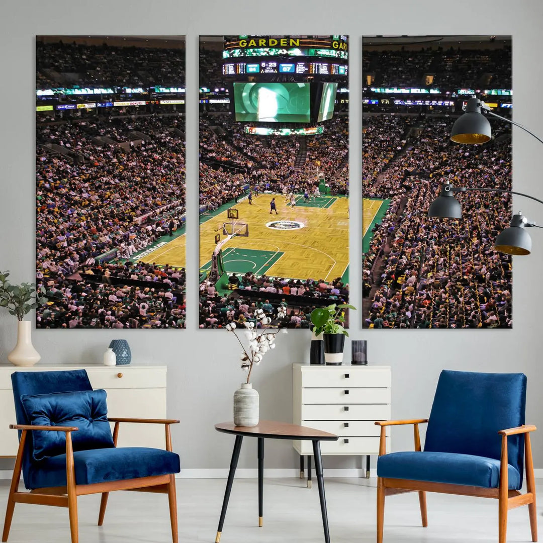 A living room showcases a stylish TD Garden Basketball Game Triple Canvas Wall Art featuring the Boston Celtics.