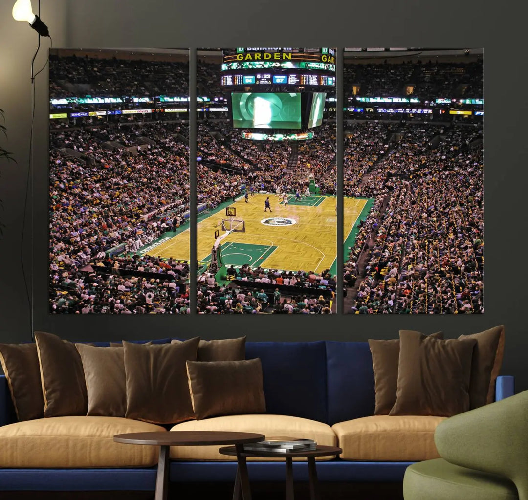 A living room showcases a stylish TD Garden Basketball Game Triple Canvas Wall Art featuring the Boston Celtics.