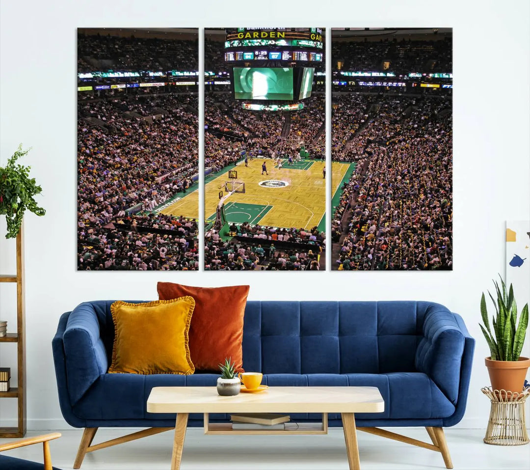 A living room showcases a stylish TD Garden Basketball Game Triple Canvas Wall Art featuring the Boston Celtics.