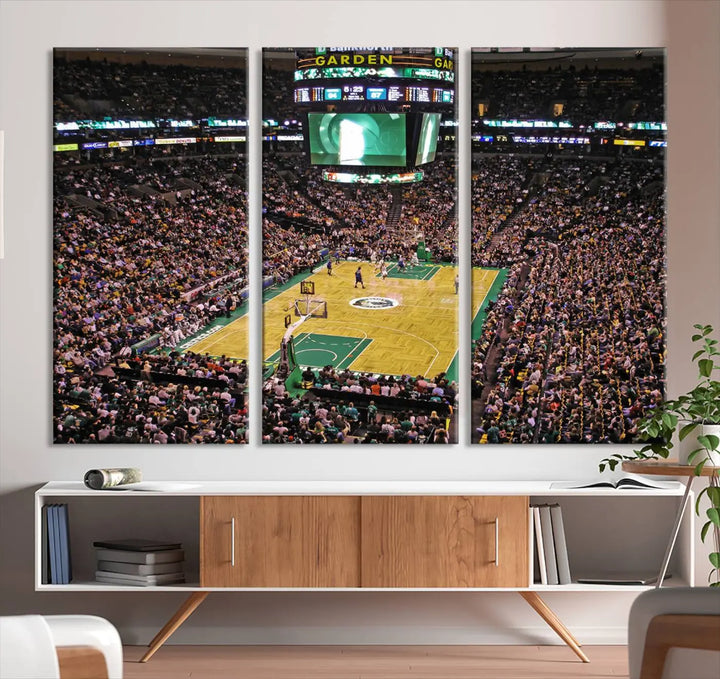 A living room showcases a stylish TD Garden Basketball Game Triple Canvas Wall Art featuring the Boston Celtics.