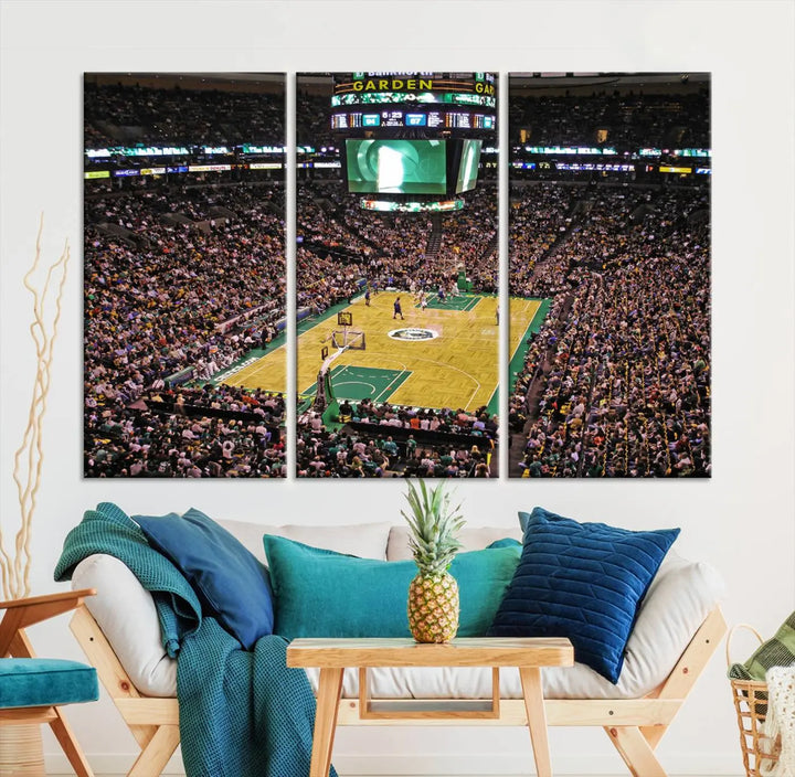 A living room showcases a stylish TD Garden Basketball Game Triple Canvas Wall Art featuring the Boston Celtics.