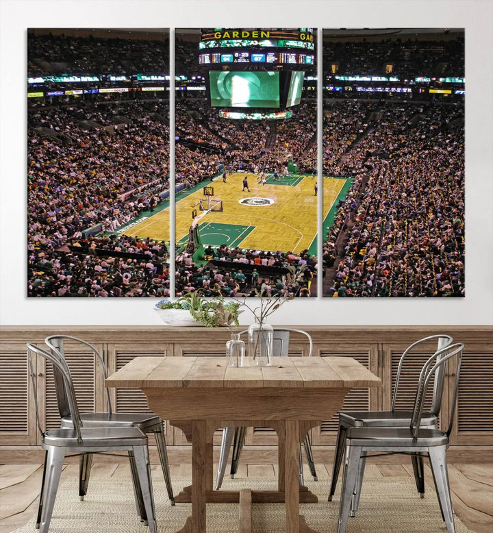 A living room showcases a stylish TD Garden Basketball Game Triple Canvas Wall Art featuring the Boston Celtics.