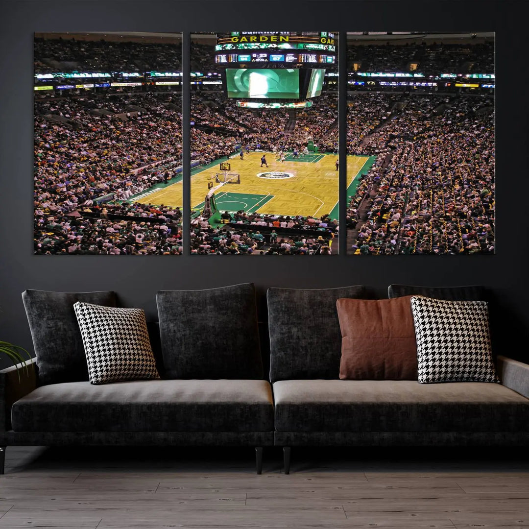 A living room showcases a stylish TD Garden Basketball Game Triple Canvas Wall Art featuring the Boston Celtics.