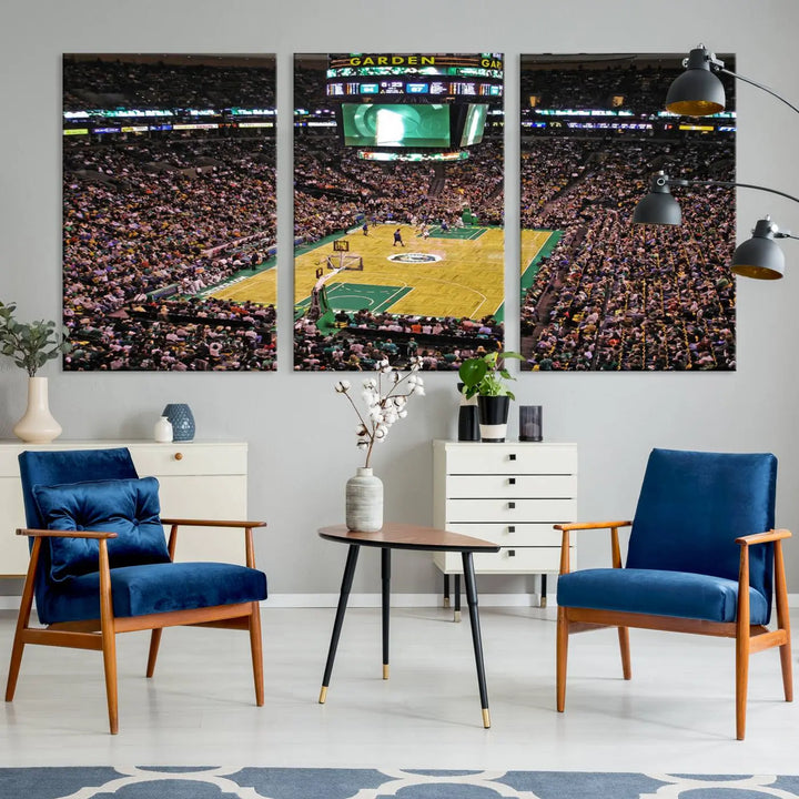 A living room showcases a stylish TD Garden Basketball Game Triple Canvas Wall Art featuring the Boston Celtics.