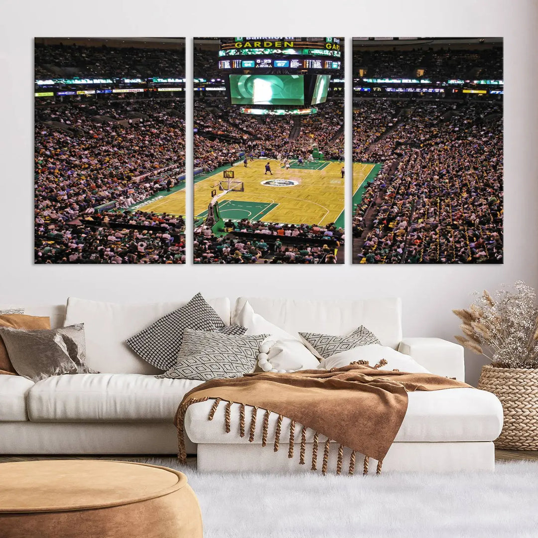 A living room showcases a stylish TD Garden Basketball Game Triple Canvas Wall Art featuring the Boston Celtics.