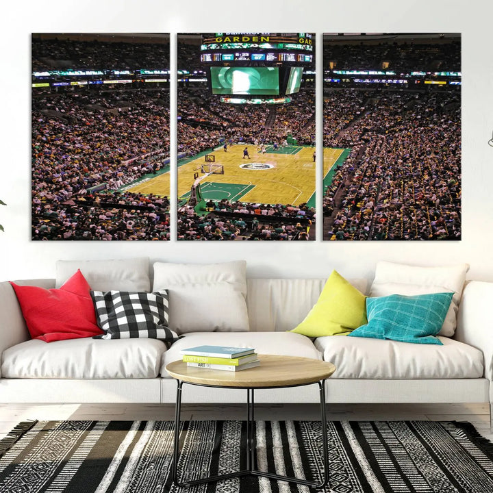 A living room showcases a stylish TD Garden Basketball Game Triple Canvas Wall Art featuring the Boston Celtics.