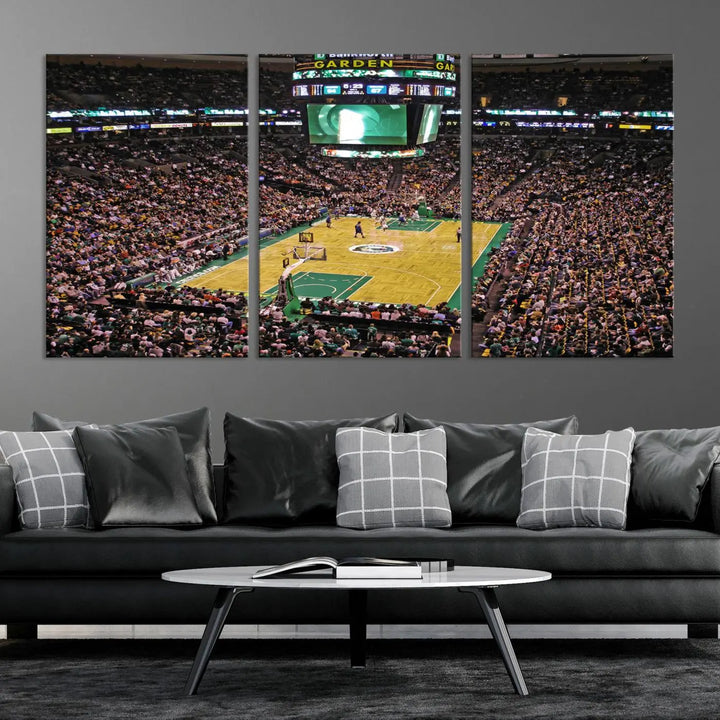 A living room showcases a stylish TD Garden Basketball Game Triple Canvas Wall Art featuring the Boston Celtics.