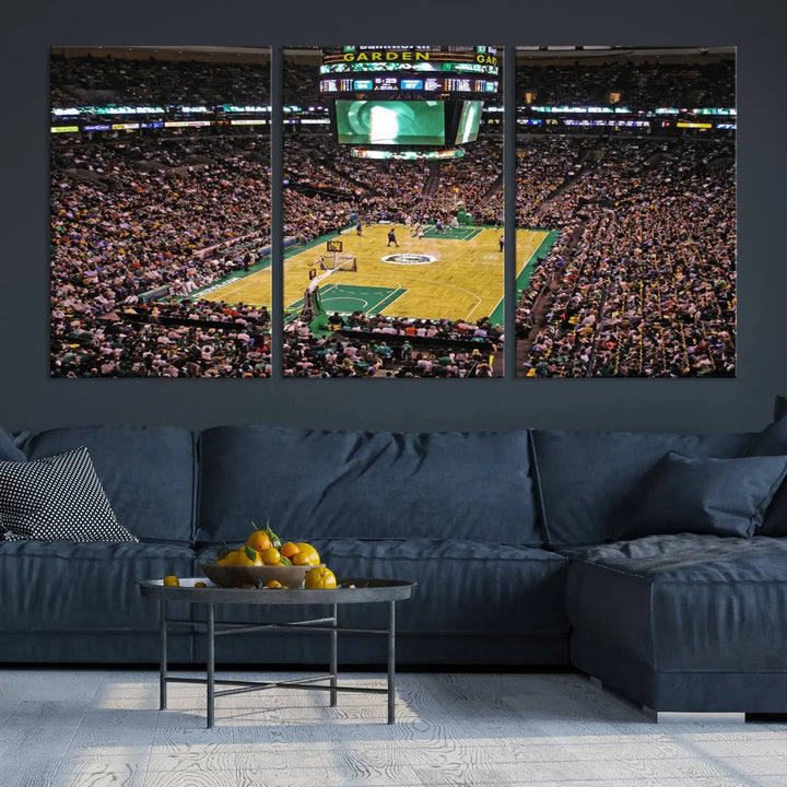 A living room showcases a stylish TD Garden Basketball Game Triple Canvas Wall Art featuring the Boston Celtics.