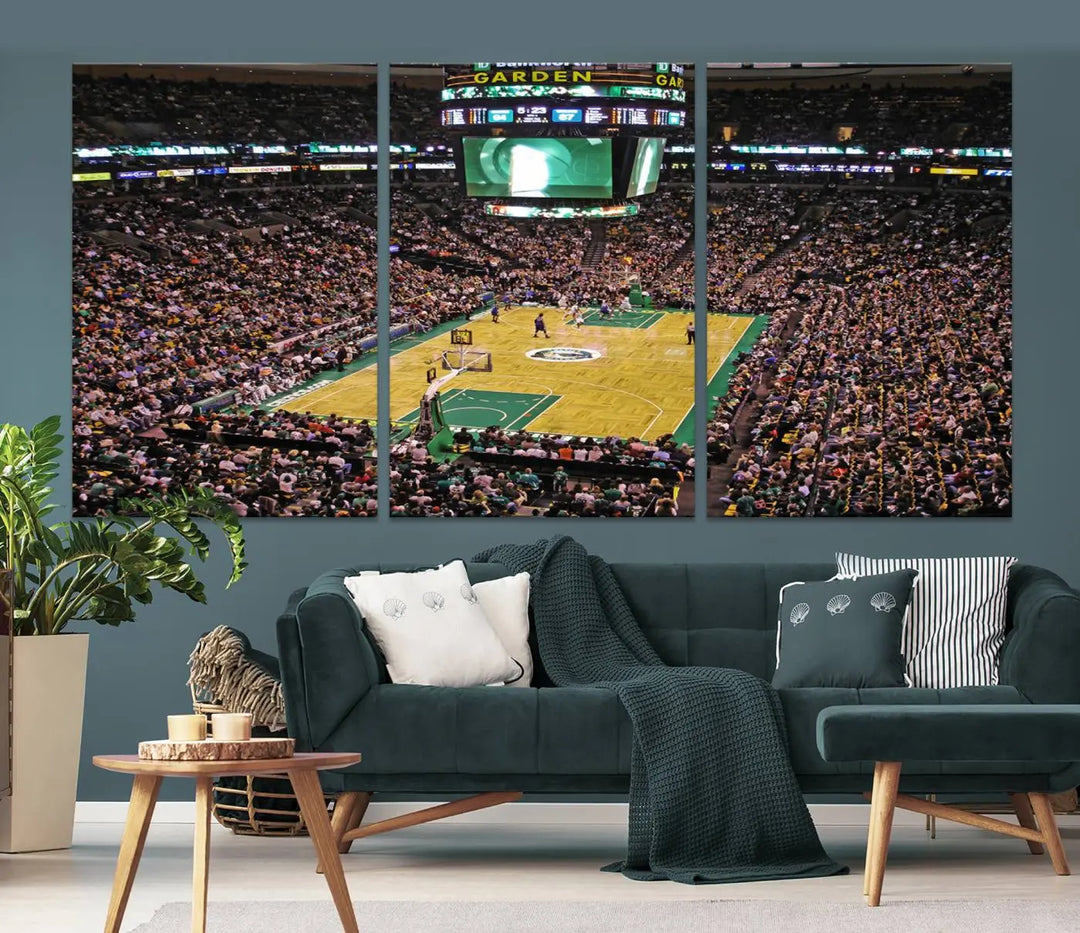 A living room showcases a stylish TD Garden Basketball Game Triple Canvas Wall Art featuring the Boston Celtics.