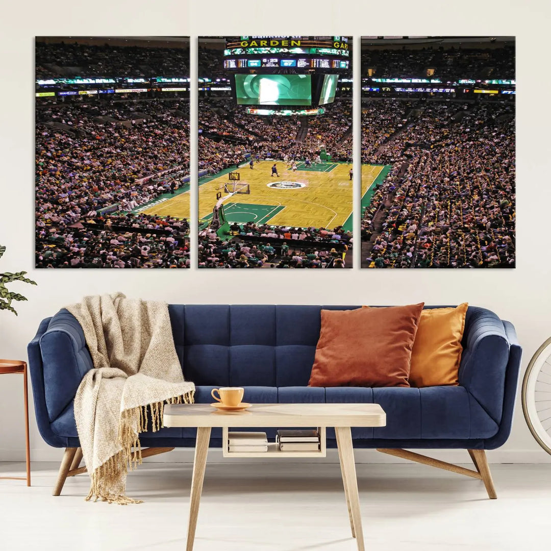 A living room showcases a stylish TD Garden Basketball Game Triple Canvas Wall Art featuring the Boston Celtics.