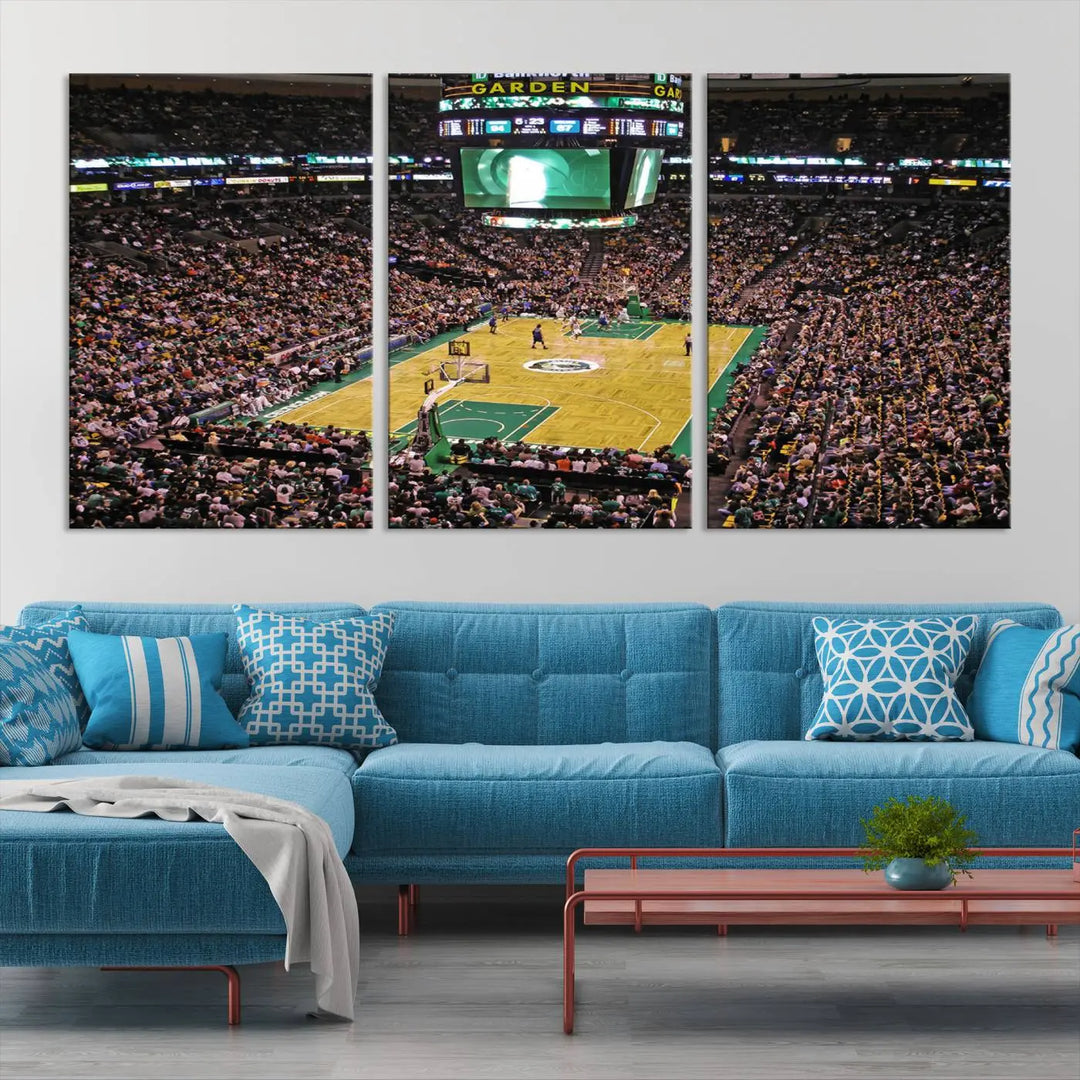 A living room showcases a stylish TD Garden Basketball Game Triple Canvas Wall Art featuring the Boston Celtics.