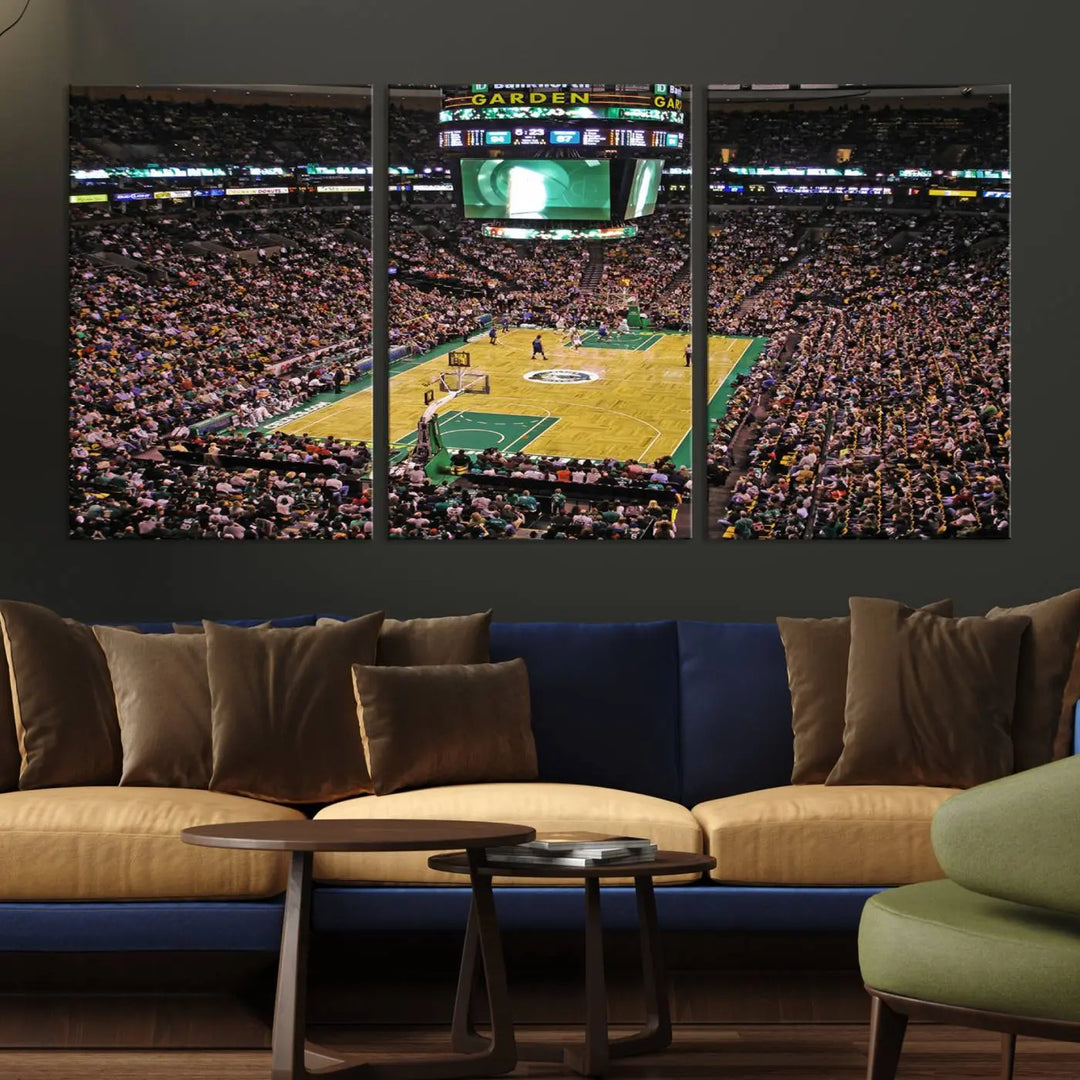 A living room showcases a stylish TD Garden Basketball Game Triple Canvas Wall Art featuring the Boston Celtics.