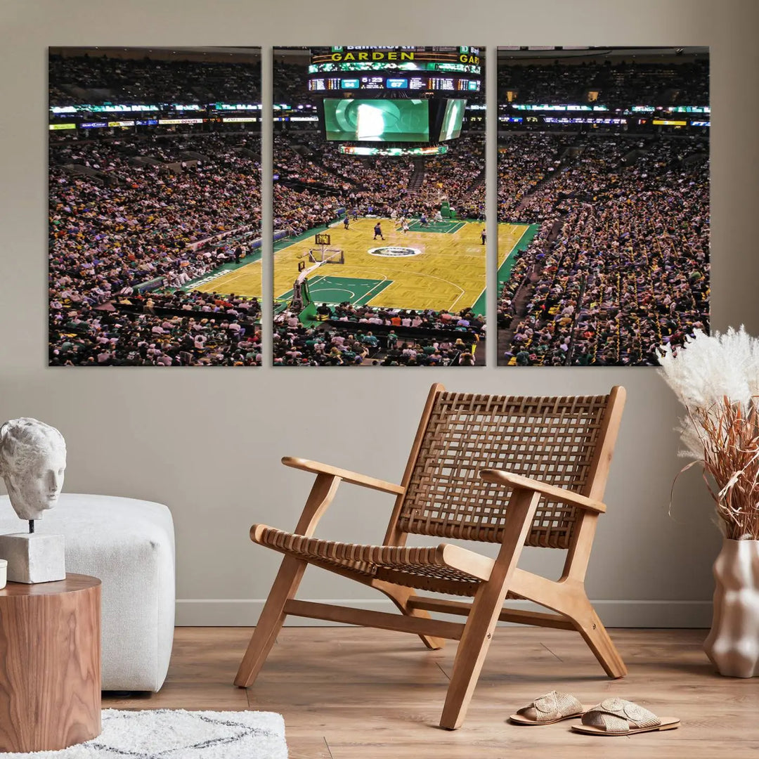 A living room showcases a stylish TD Garden Basketball Game Triple Canvas Wall Art featuring the Boston Celtics.