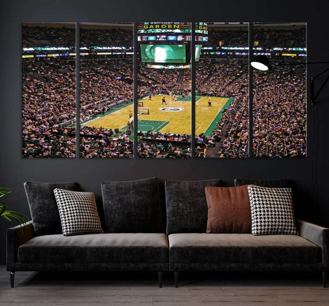 A living room showcases a stylish TD Garden Basketball Game Triple Canvas Wall Art featuring the Boston Celtics.