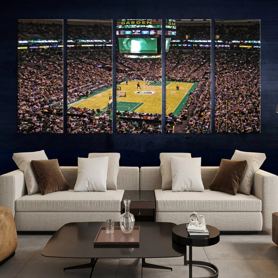 A living room showcases a stylish TD Garden Basketball Game Triple Canvas Wall Art featuring the Boston Celtics.