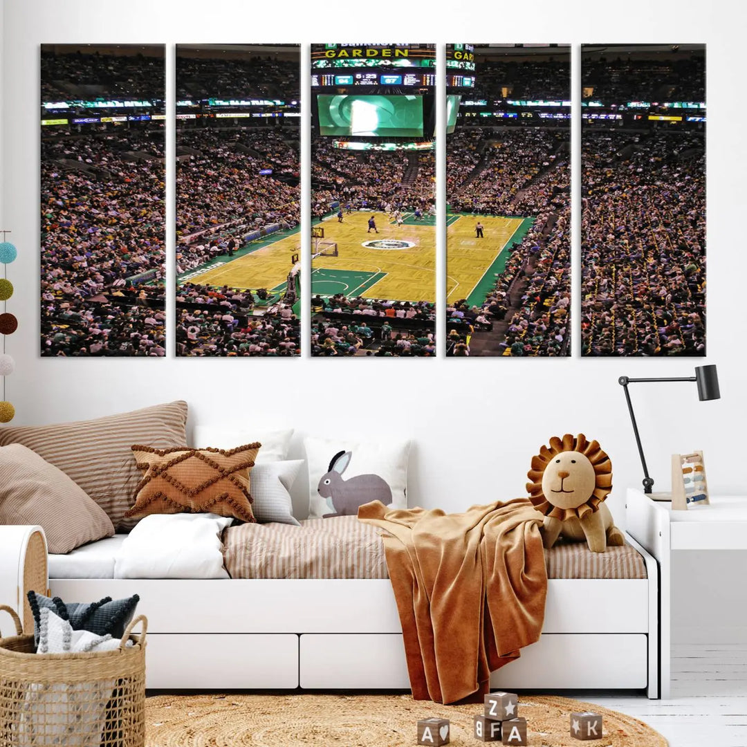 A living room showcases a stylish TD Garden Basketball Game Triple Canvas Wall Art featuring the Boston Celtics.