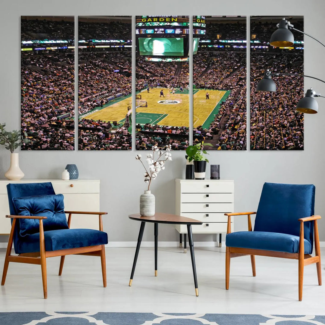 A living room showcases a stylish TD Garden Basketball Game Triple Canvas Wall Art featuring the Boston Celtics.