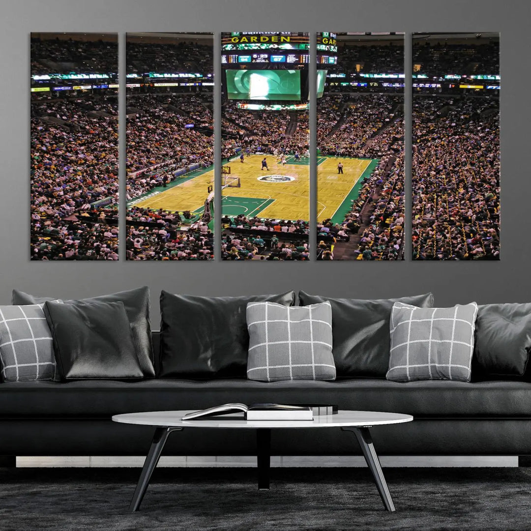 A living room showcases a stylish TD Garden Basketball Game Triple Canvas Wall Art featuring the Boston Celtics.