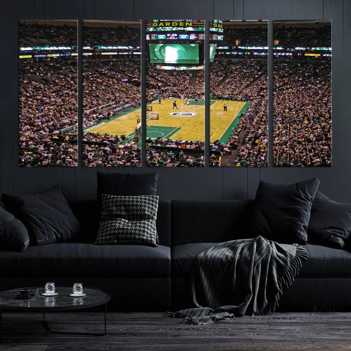 A living room showcases a stylish TD Garden Basketball Game Triple Canvas Wall Art featuring the Boston Celtics.