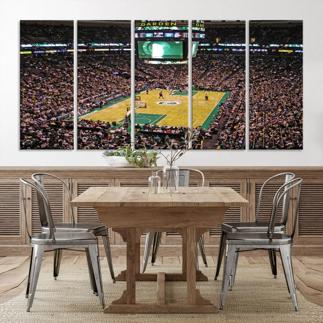 A living room showcases a stylish TD Garden Basketball Game Triple Canvas Wall Art featuring the Boston Celtics.