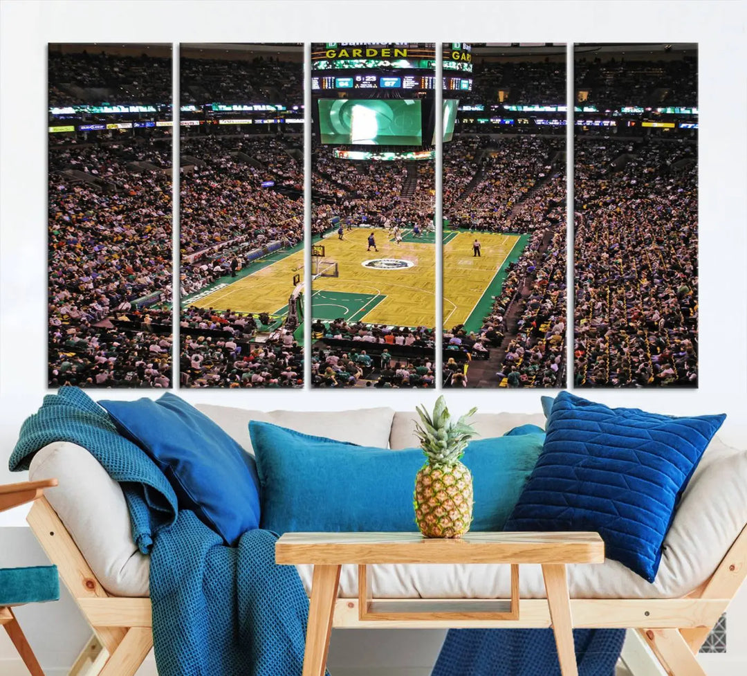 A living room showcases a stylish TD Garden Basketball Game Triple Canvas Wall Art featuring the Boston Celtics.