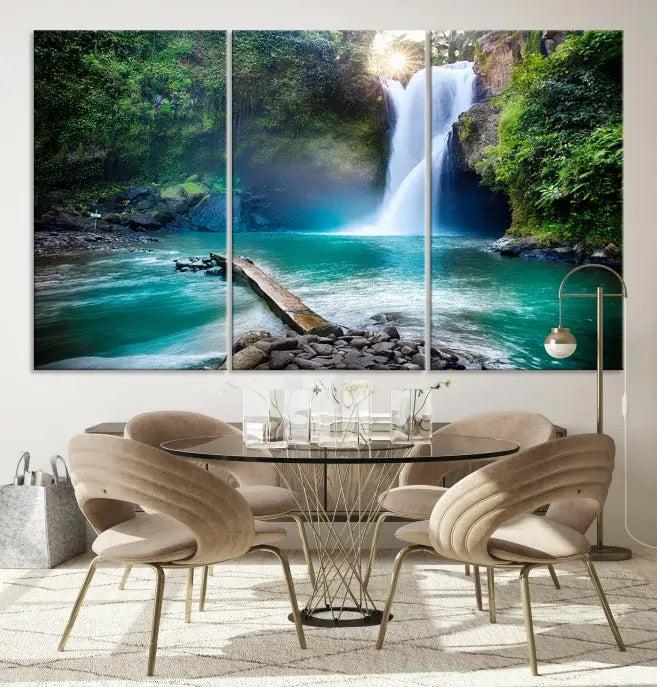 The "Tegenungan Waterfall" artwork, a serene scene printed on museum-quality polycotton canvas, decorates the living room. This UV-protective, ready-to-hang art piece is displayed gracefully above the sofa.