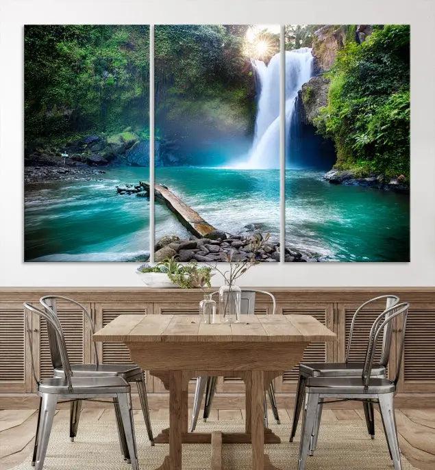 The "Tegenungan Waterfall" artwork, a serene scene printed on museum-quality polycotton canvas, decorates the living room. This UV-protective, ready-to-hang art piece is displayed gracefully above the sofa.