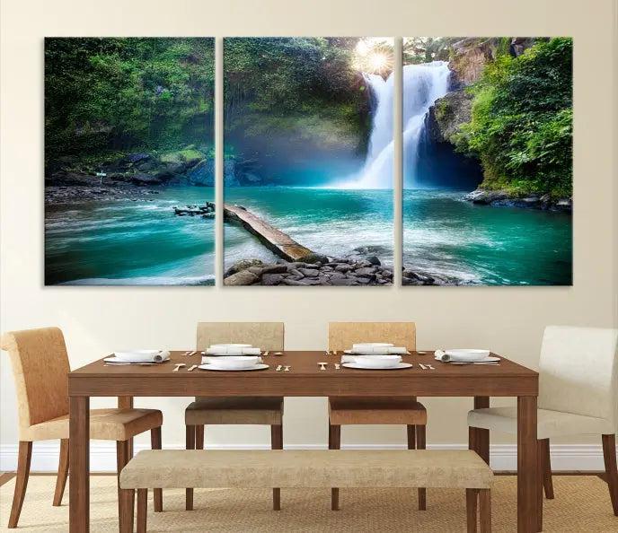 The "Tegenungan Waterfall" artwork, a serene scene printed on museum-quality polycotton canvas, decorates the living room. This UV-protective, ready-to-hang art piece is displayed gracefully above the sofa.