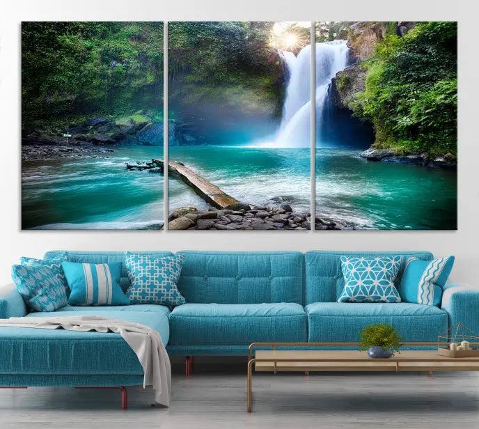 The "Tegenungan Waterfall" artwork, a serene scene printed on museum-quality polycotton canvas, decorates the living room. This UV-protective, ready-to-hang art piece is displayed gracefully above the sofa.