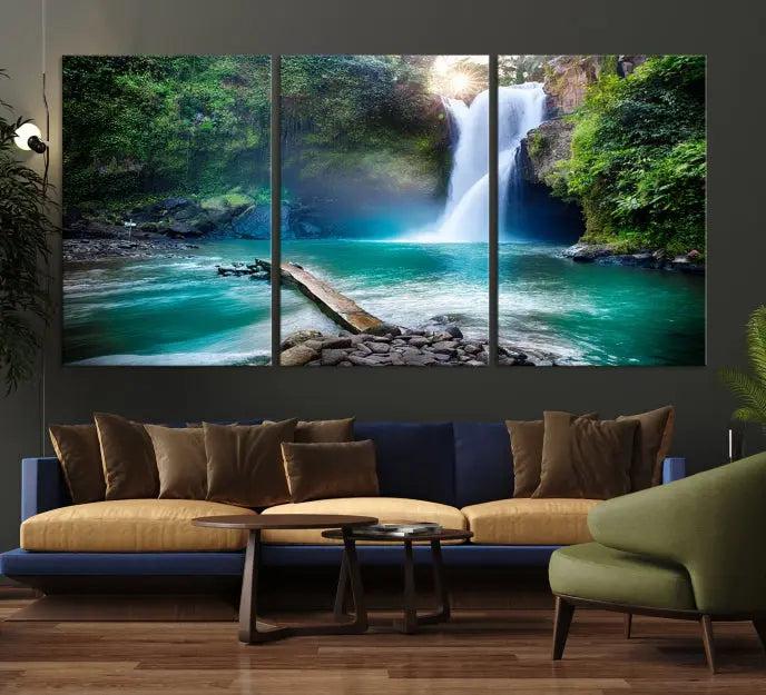 The "Tegenungan Waterfall" artwork, a serene scene printed on museum-quality polycotton canvas, decorates the living room. This UV-protective, ready-to-hang art piece is displayed gracefully above the sofa.