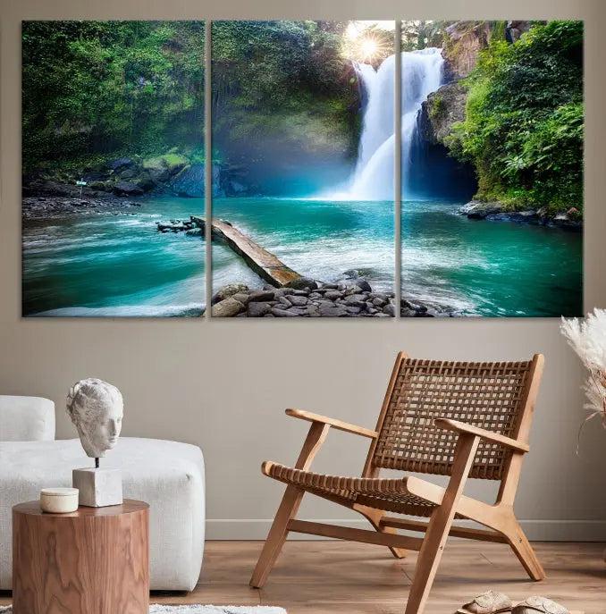 The "Tegenungan Waterfall" artwork, a serene scene printed on museum-quality polycotton canvas, decorates the living room. This UV-protective, ready-to-hang art piece is displayed gracefully above the sofa.