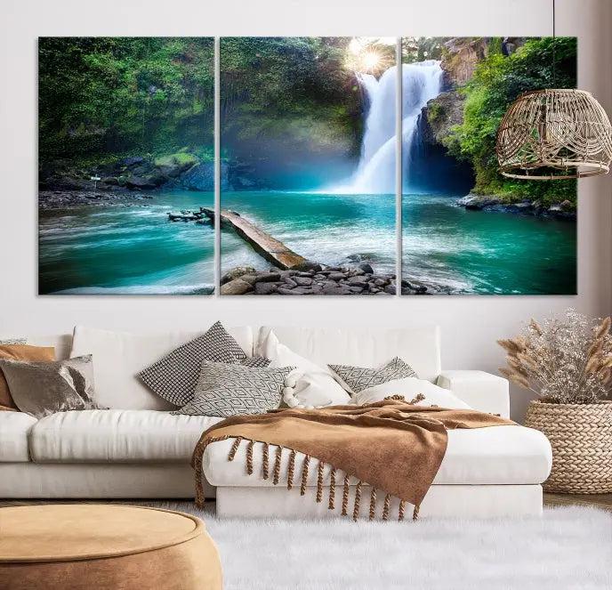 The "Tegenungan Waterfall" artwork, a serene scene printed on museum-quality polycotton canvas, decorates the living room. This UV-protective, ready-to-hang art piece is displayed gracefully above the sofa.