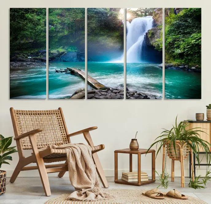 The "Tegenungan Waterfall" artwork, a serene scene printed on museum-quality polycotton canvas, decorates the living room. This UV-protective, ready-to-hang art piece is displayed gracefully above the sofa.