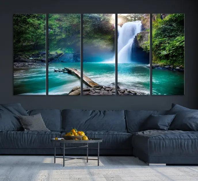 The "Tegenungan Waterfall" artwork, a serene scene printed on museum-quality polycotton canvas, decorates the living room. This UV-protective, ready-to-hang art piece is displayed gracefully above the sofa.