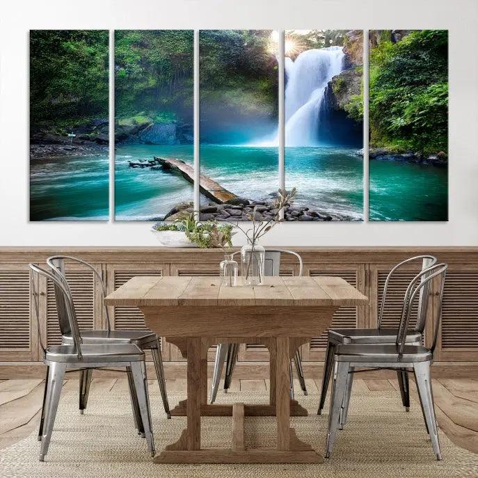 The "Tegenungan Waterfall" artwork, a serene scene printed on museum-quality polycotton canvas, decorates the living room. This UV-protective, ready-to-hang art piece is displayed gracefully above the sofa.