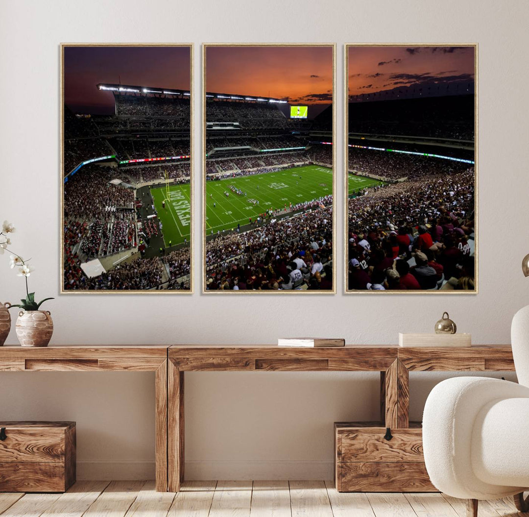 45603-MGV-FC-48X32-3P_Natural-Texas A&M Aggies Football Team Print - College Station Kyle Field Stadium Wall Art Canvas Print