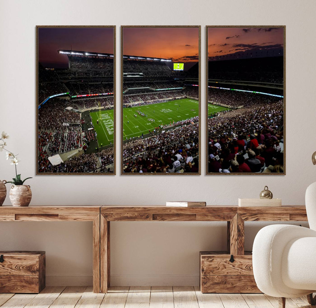 45603-MGV-FC-48X32-3P_Walnut-Texas A&M University Aggies Football Team Print - College Station Kyle Field Stadium Wall Art Canvas Print