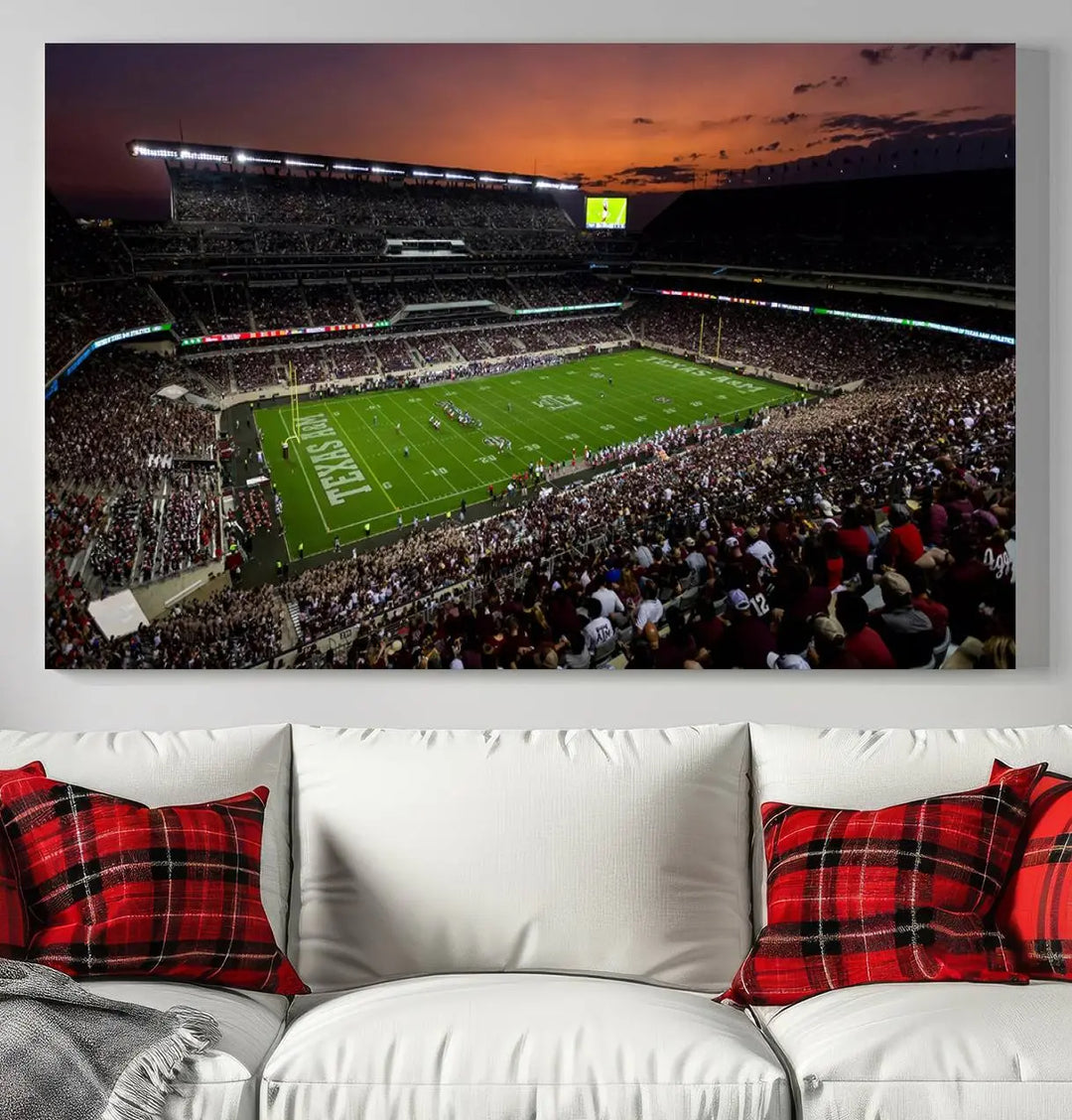 A large triptych wall art canvas print of Kyle Field Stadium encapsulates the Texas A&M Aggies' spirit as the crowd enjoys the serene glow of sunset.